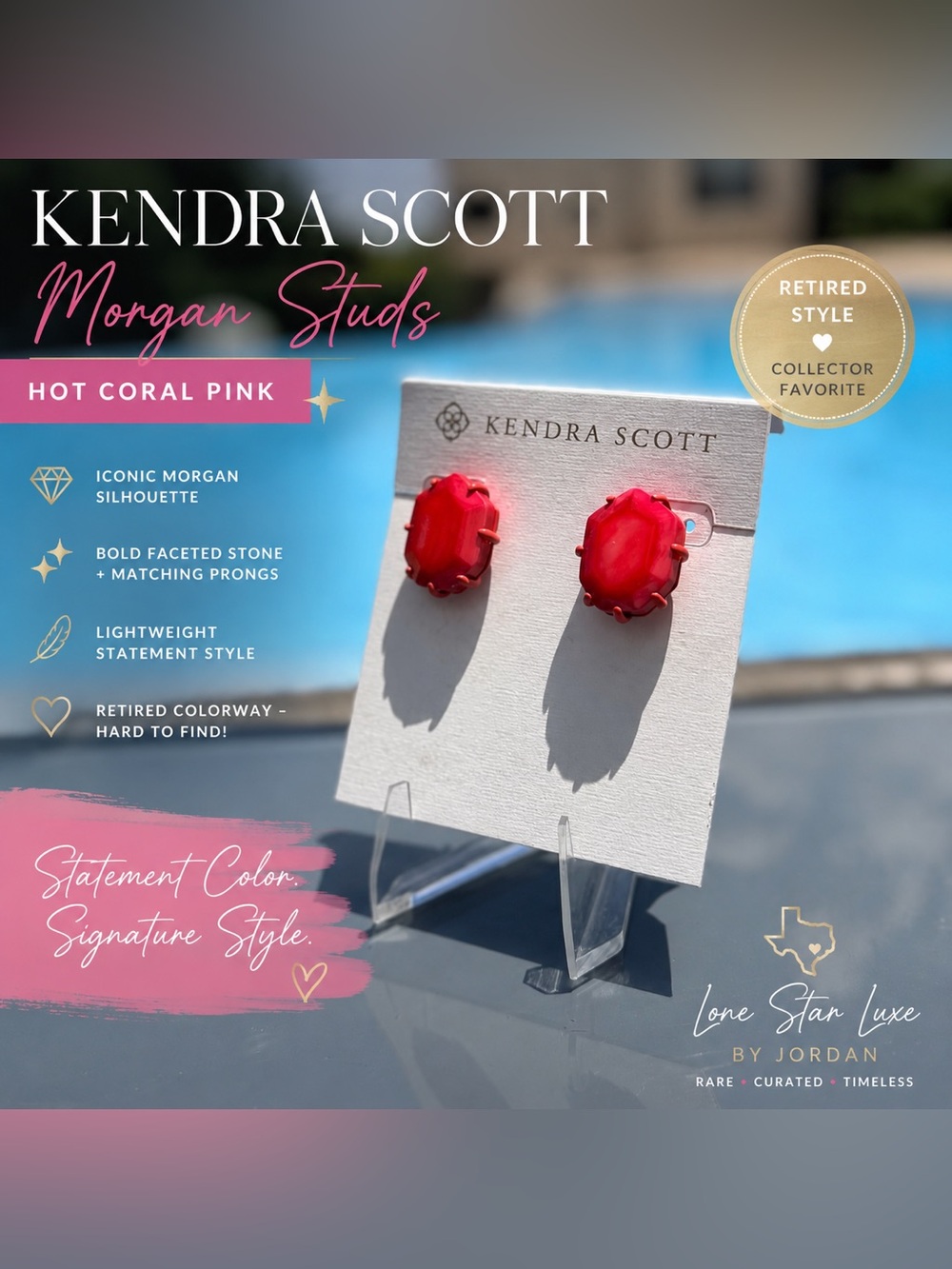 Kendra Scott Morgan Stud Earrings – Bright Coral / Hot Pink Statement